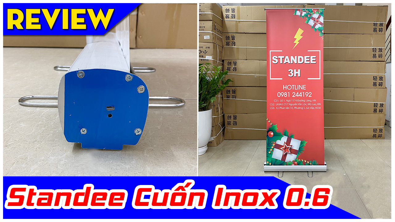 Video Standee Cuốn Nhôm Inox, Cuốn Nhôm Chân Thép