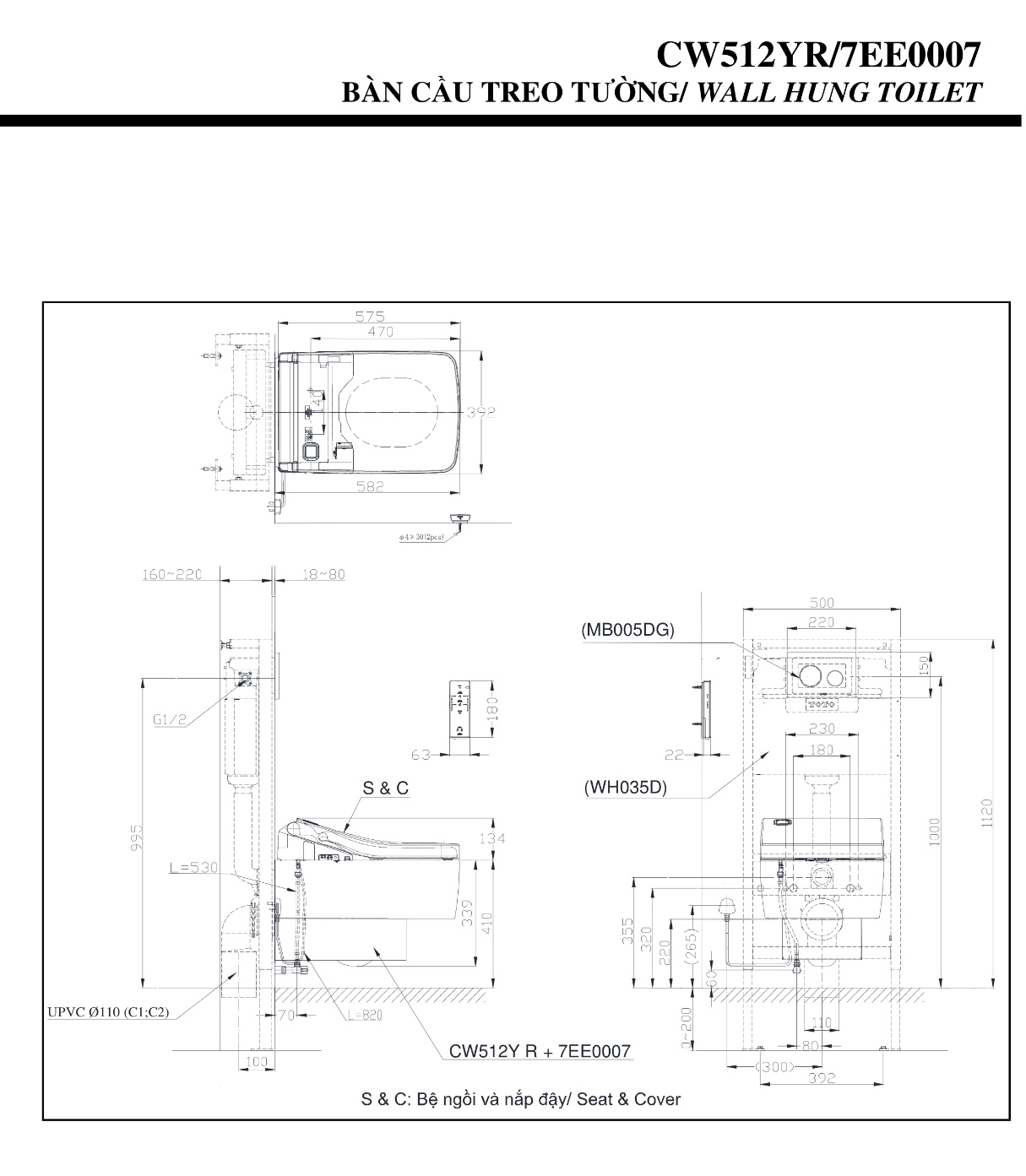 Bàn cầu treo tường TOTO CW512YR/7EE0007/TC501CVK