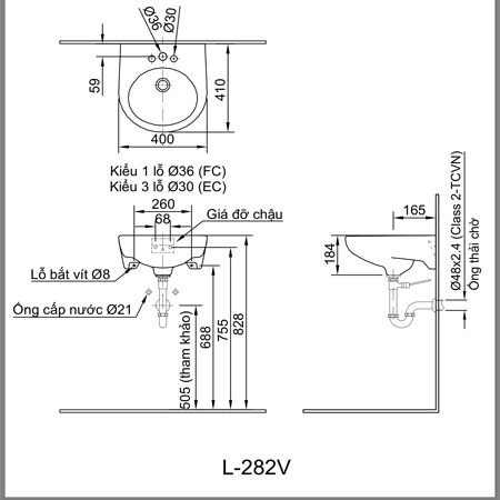 Bản vẽ kỹ thuật chậu rửa treo tường Inax L-282V (Màu trắng)