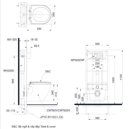 Thông số kĩ thuật Bàn cầu treo tường TOTO CW762