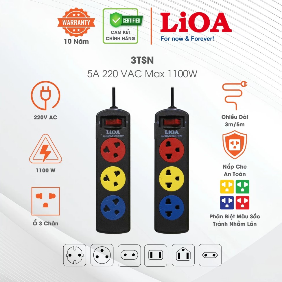 Ổ cắm LiOA 3TSN3.2.5 3 lỗ cắm đa năng 1 công tắc, công suất chịu tải 1000W, dây dài 3M/5M - Hàng chính hãng Lioa