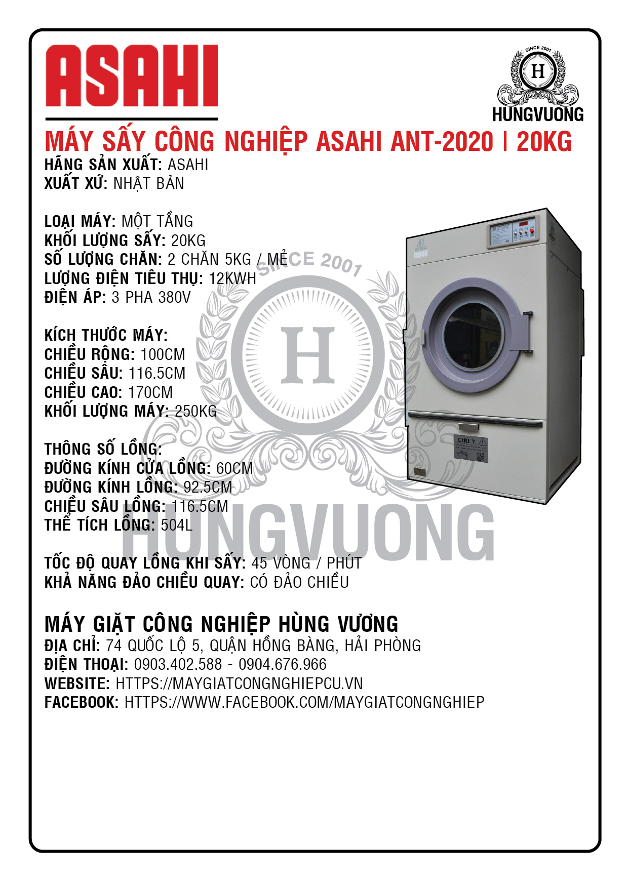 Thông số kỹ thuật máy sấy công nghiệp ASAHI ANT-2020, 20kg, 1 tầng, đảo chiều, Nhật