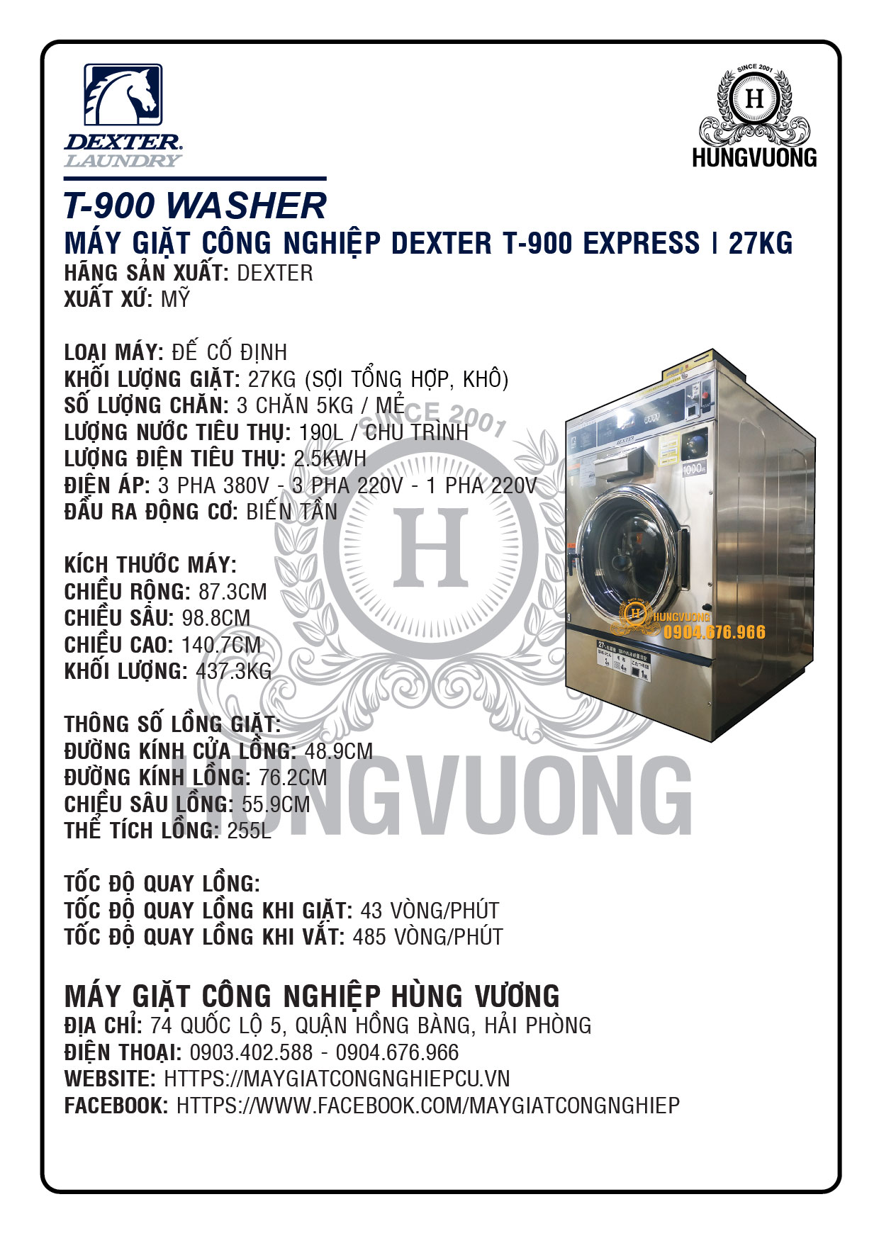 Thông số kỹ thuật máy giặt công nghiệp DEXTER T-900 27kg, chân cố định, biến tần, Mỹ