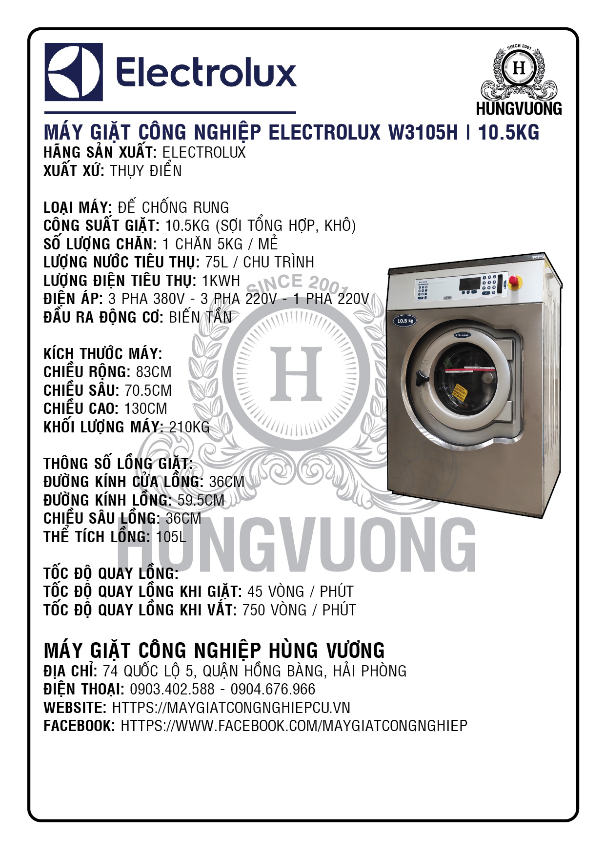 Thông số kỹ thuật máy giặt công nghiệp ELECTROLUX W3105H, 10.5kg, chống rung, biến tần, Thụy Điển