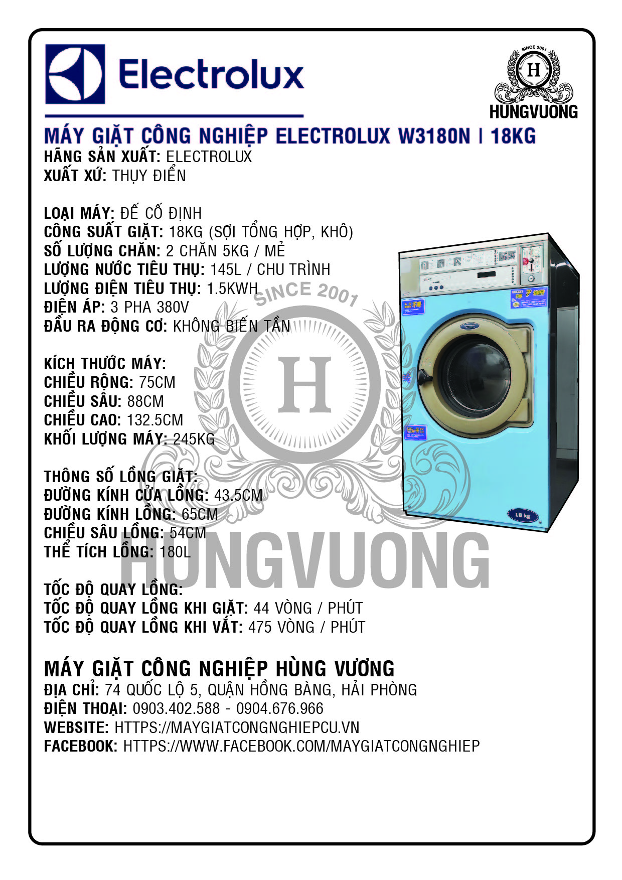 Thông số kỹ thuật máy giặt công nghiệp ELECTROLUX W3180N, 18kg, chân cố định, Thụy Điển