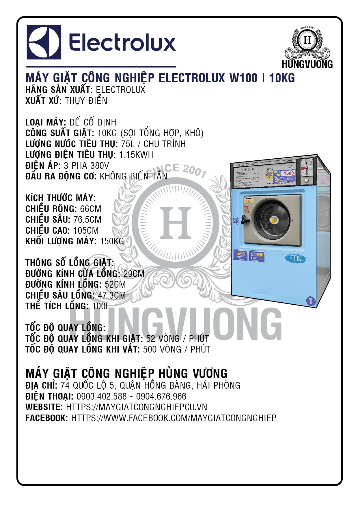Thông số kỹ thuật máy giặt công nghiệp ELECTROLUX WASCATOR W100, 10kg, chân cố định, Châu Âu
