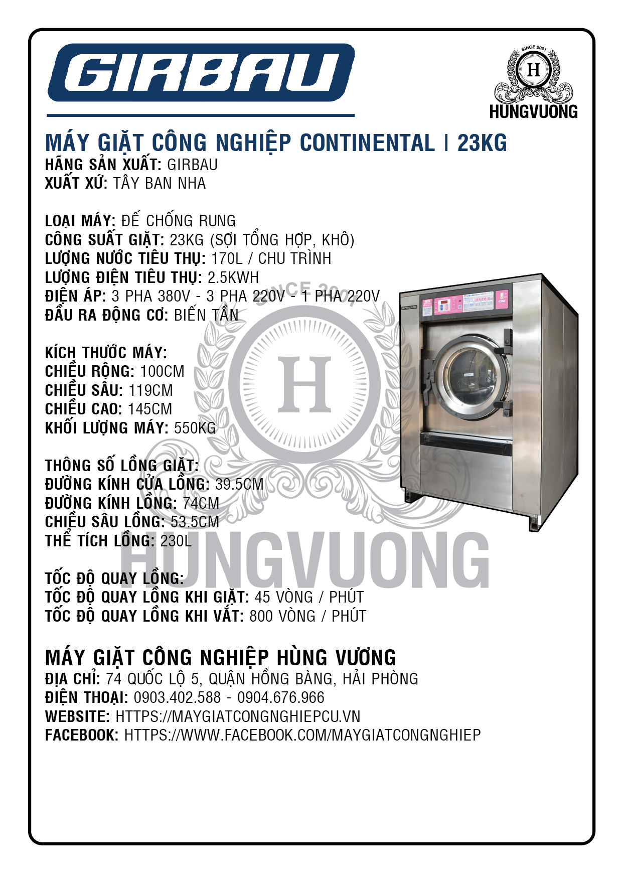 Thông số kỹ thuật máy giặt công nghiệp Girbau Continental 23kg B, chân chống rung, biến tần, Tây Ban Nha