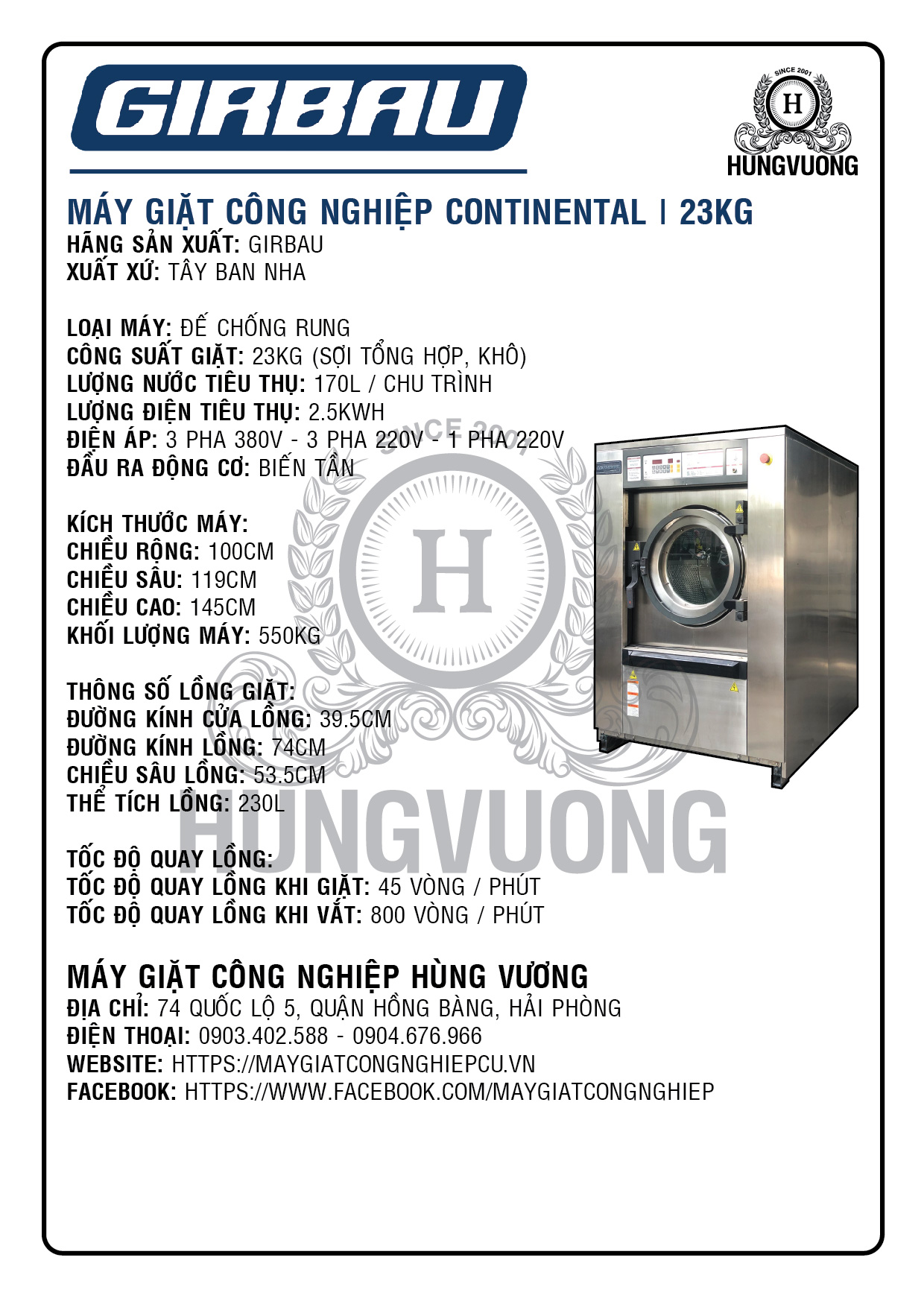 Thông số kỹ thuật Mặt trước máy giặt công nghiệp Girbau Continental 23kg, chân chống rung, biến tần, Tây Ban Nha