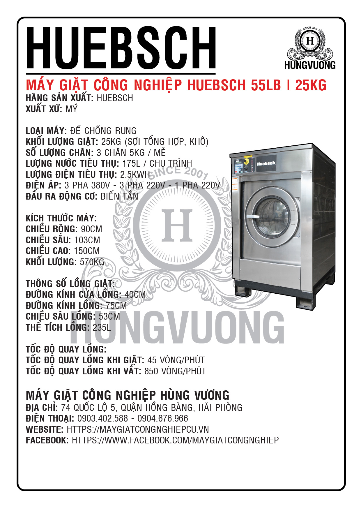 Thông số kỹ thuật máy giặt công nghiệp HUEBSCH 55LB, 25kg, chân chống rung, biến tần, Mỹ