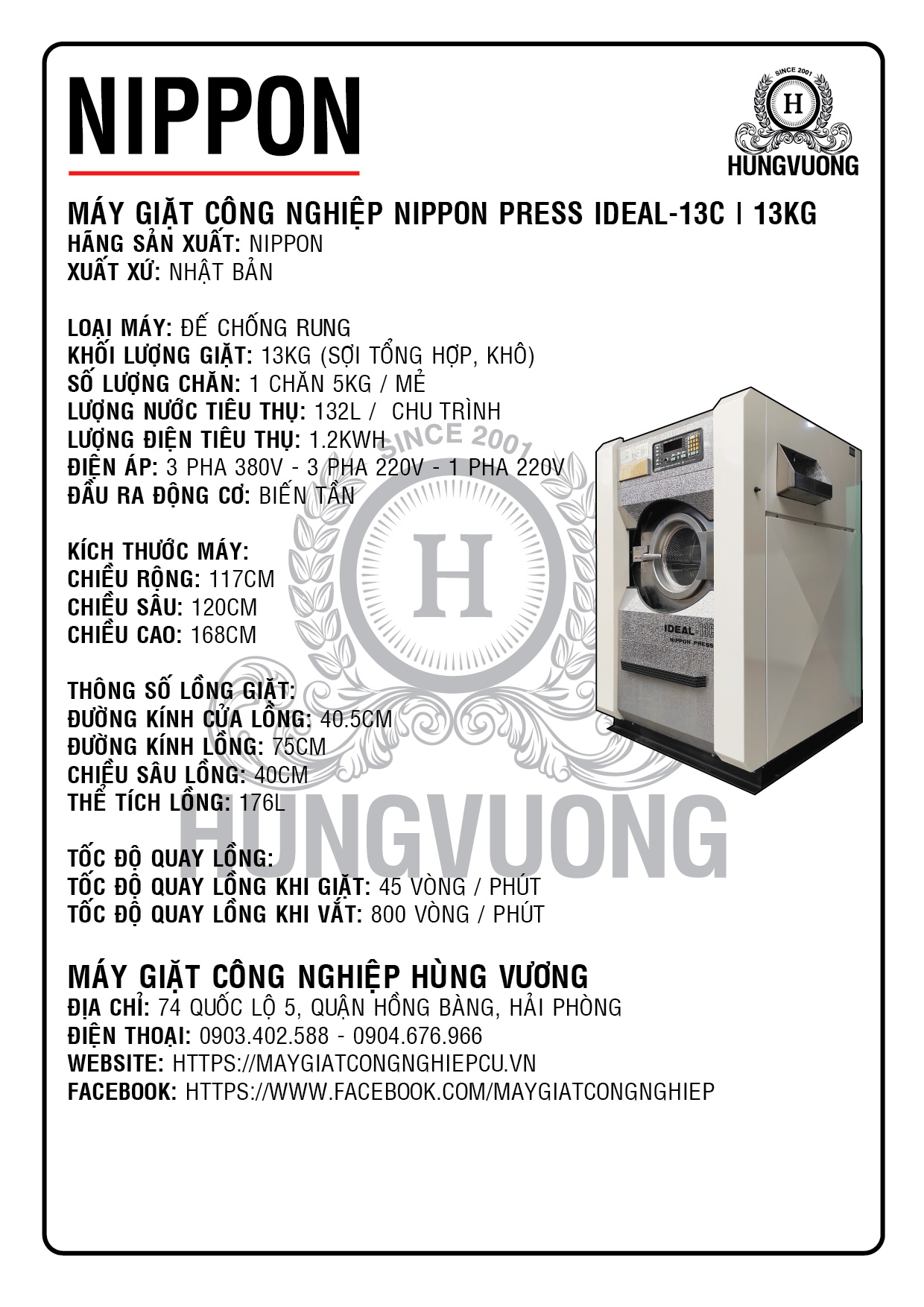 Thông số kỹ thuật máy giặt công nghiệp NIPPON PRESS IDEAL-13C, 13kg, chân chống rung, biến tần, Nhật Bản