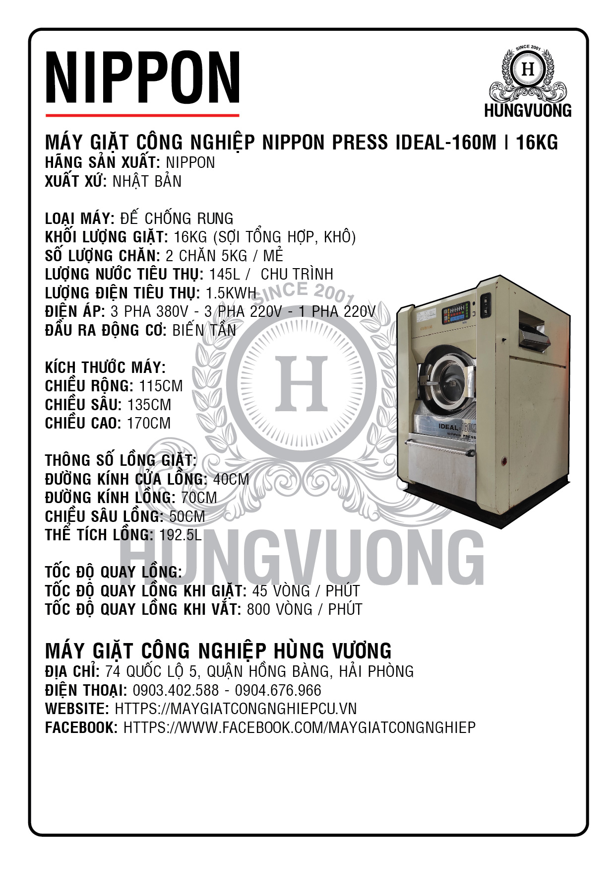 Thông số kỹ thuật máy giặt công nghiệp NIPPON PRESS IDEAL-160M, 16kg, chân chống rung, biến tần, Nhật Bản