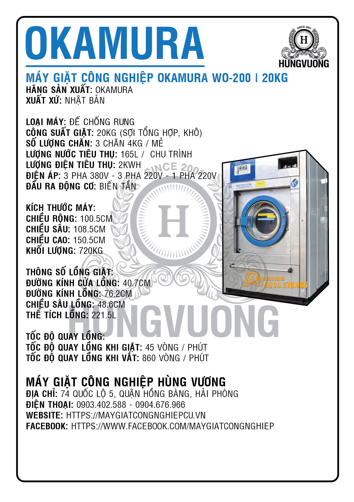 Thông số kỹ thuật máy giặt công nghiệp OKAMURA WO 200, 20kg, chân chống rung, biến tần, Nhật Bản