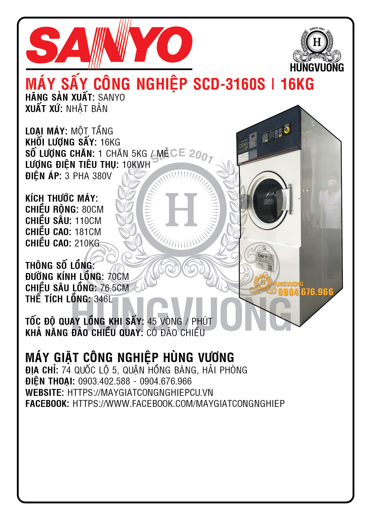 Thông số kỹ thuật máy sấy công nghiệp SANYO SCD-3160S, 16kg, 1 tầng, đảo chiều, Nhật