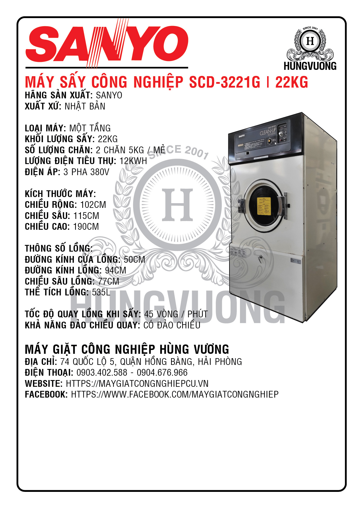 Thông số kỹ thuật máy sấy công nghiệp SANYO SCD-3221G, 22kg, 1 tầng, đảo chiều, Nhật Bản