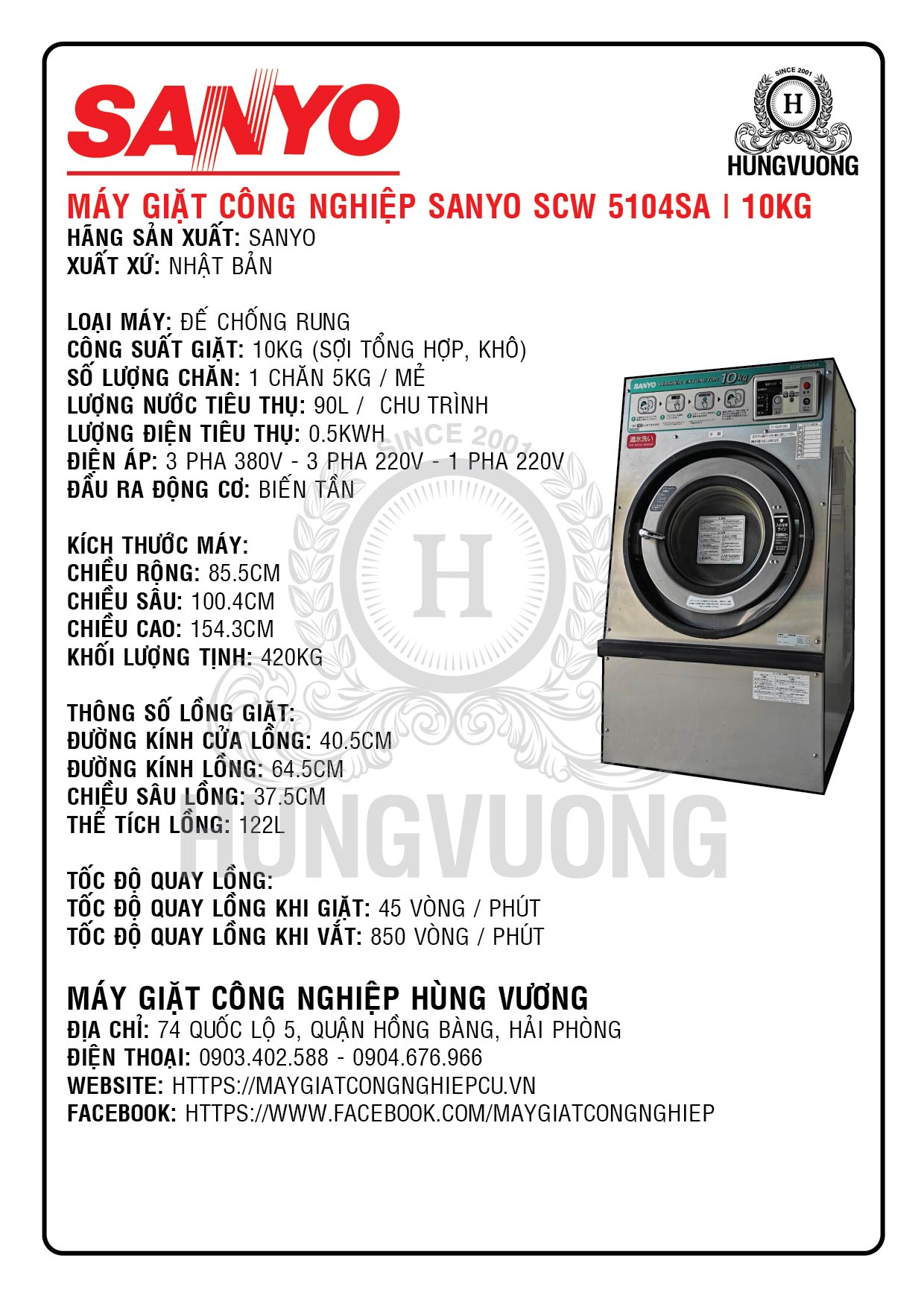 Thông số kỹ thuật máy giặt công nghiệp SANYO SCW-5104SA, 10kg, chân chống rung, biến tần, Nhật