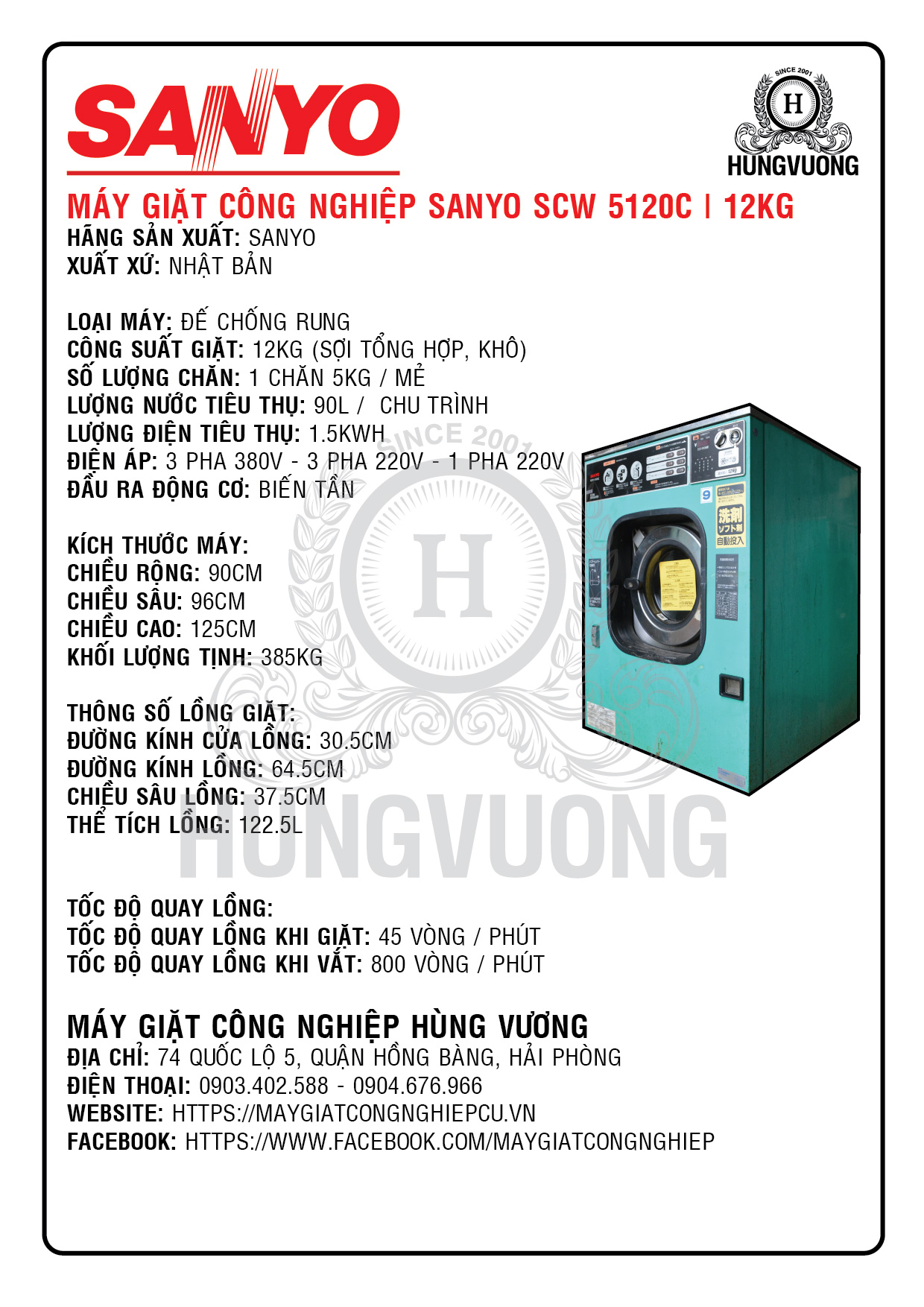 Thông số kỹ thuật máy giặt công nghiệp SANYO SCW 5120C, 12kg, chân chống rung, biến tần, Nhật