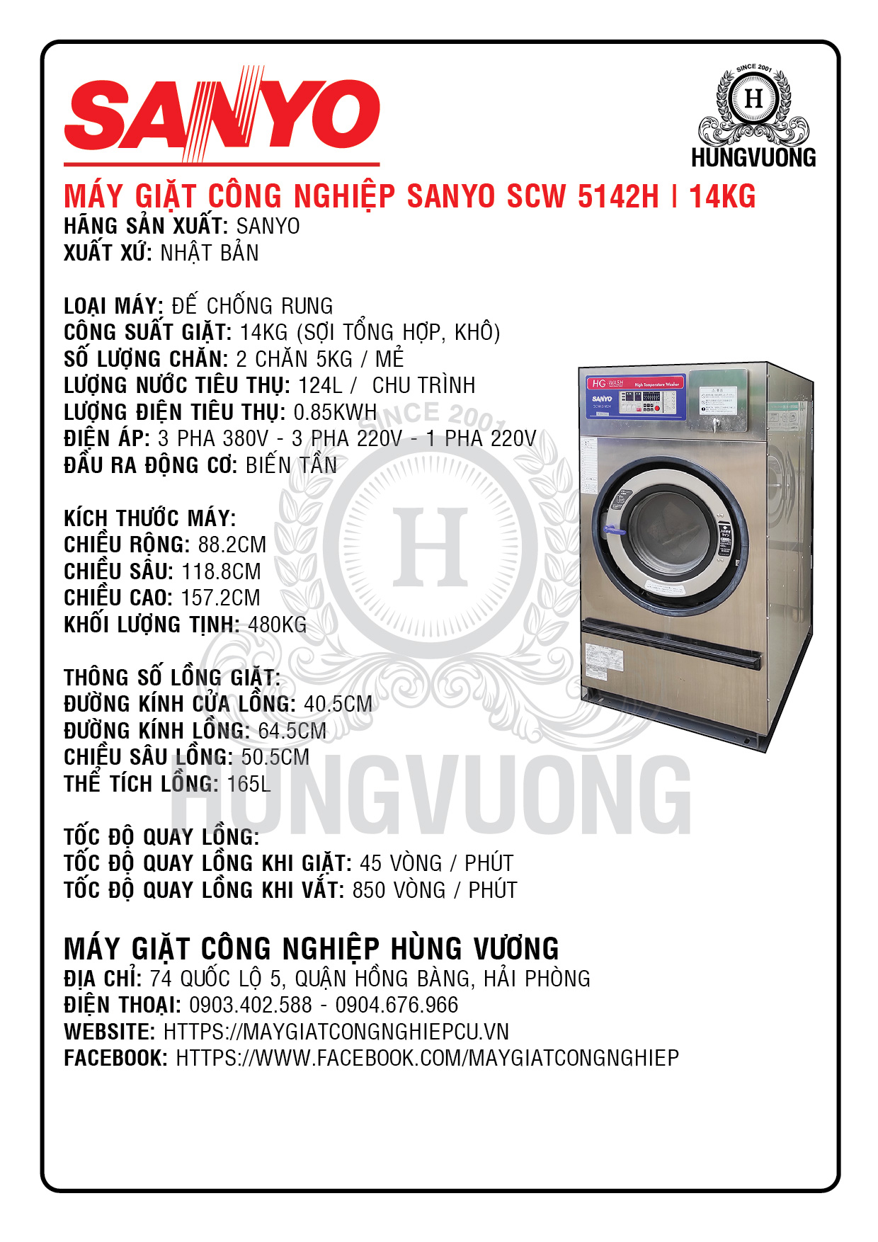 Thông số kỹ thuật máy giặt công nghiệp SANYO SCW 5142H, 14 kg, chân chống rung, biến tần, Nhật Bản