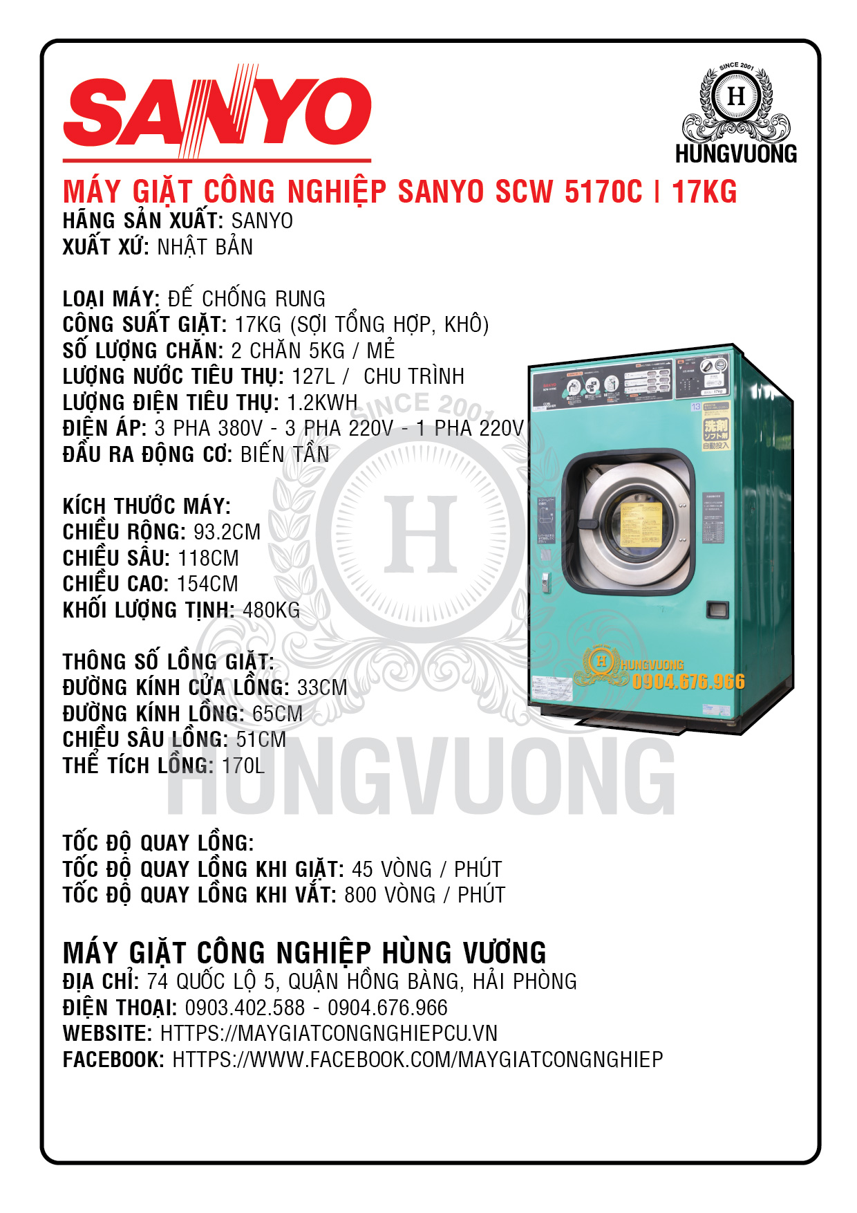 Thông số kỹ thuật máy giặt công nghiệp SANYO SCW 5170C, 17kg,  chân chống rung, biến tần, Nhật Bản