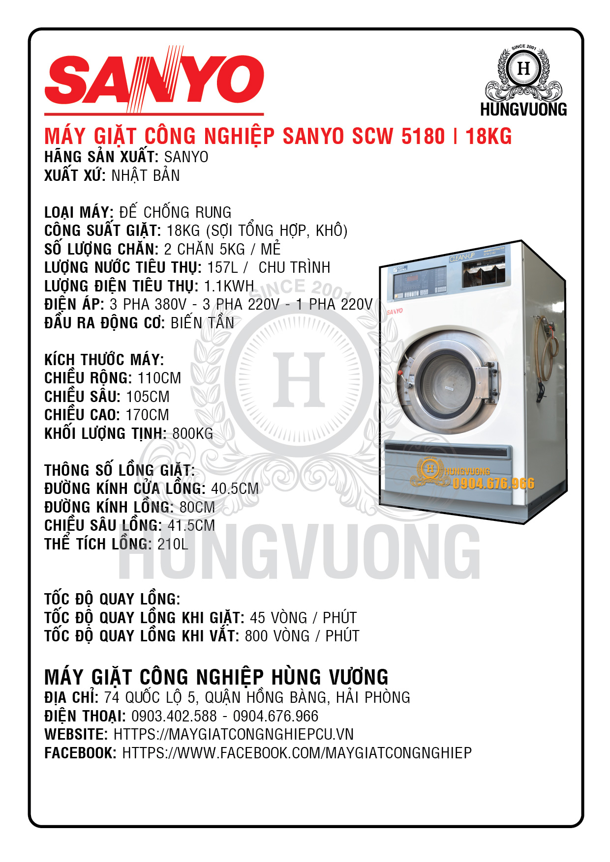 Thông số kỹ thuật máy giặt công nghiệp SANYO SCW 5180, 18kg, chống rung, biến tần, Nhật Bản