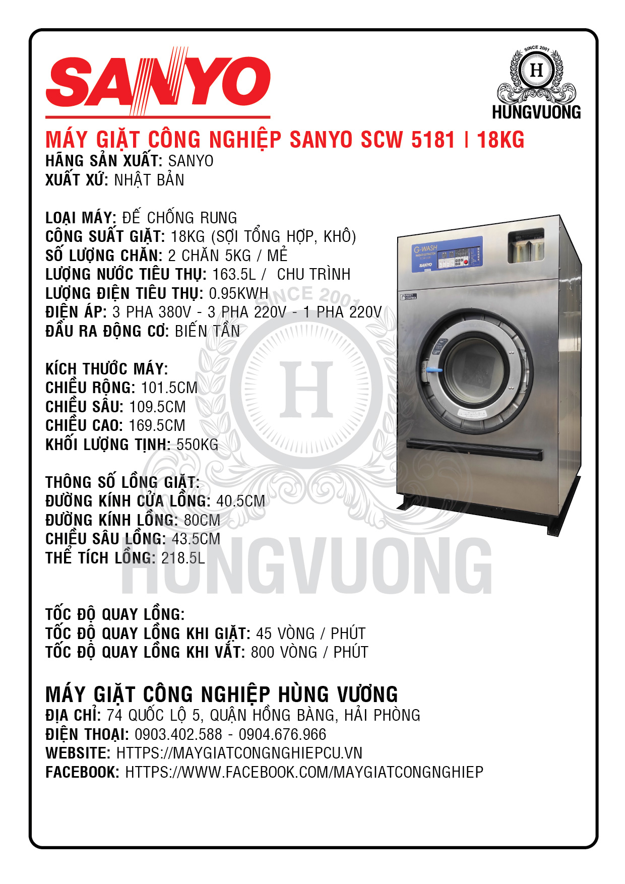 Thông số kỹ thuật máy giặt công nghiệp SANYO SCW 5181, 18kg, chân chống rung, biến tần, Nhật Bản