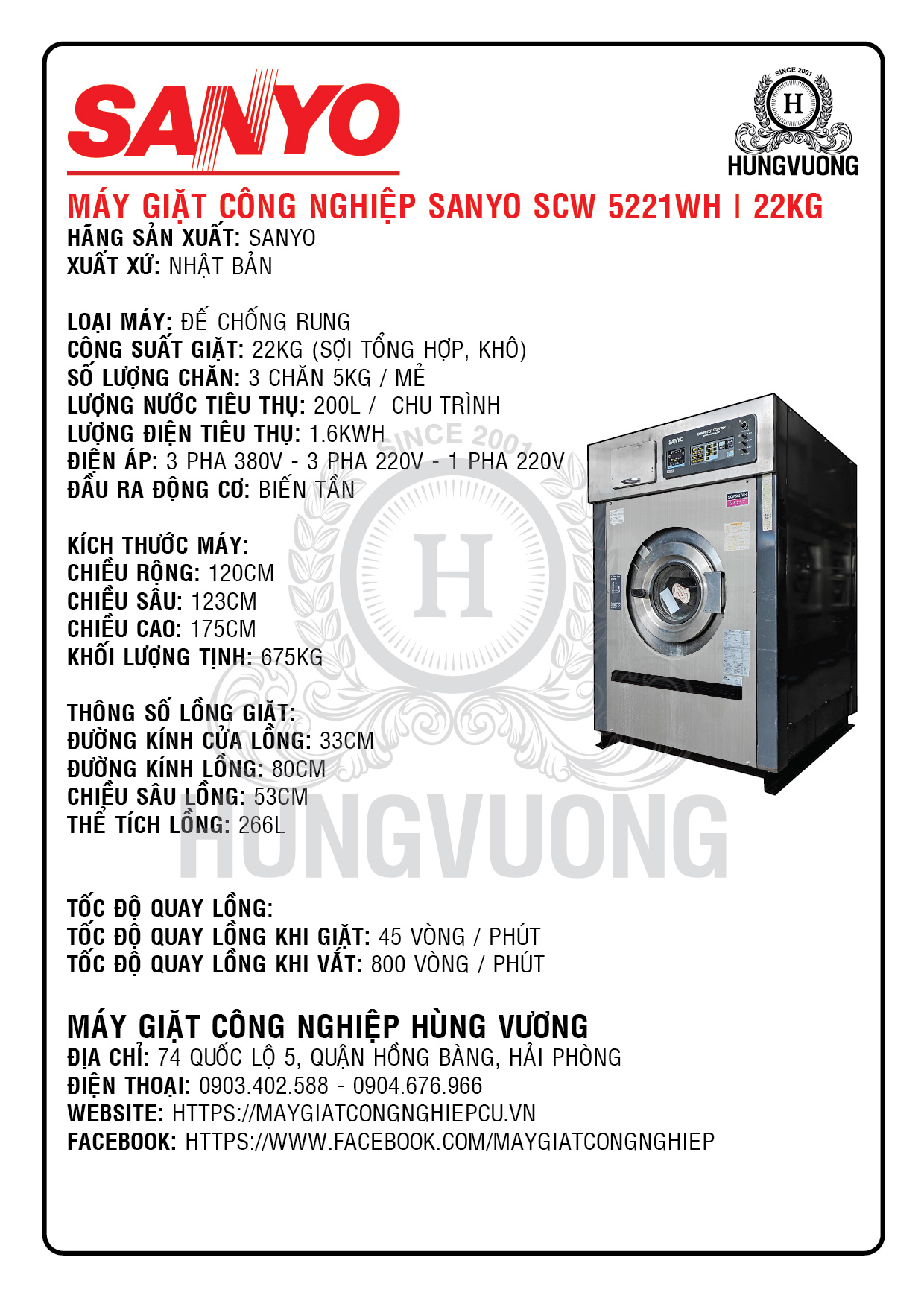 Thông số kỹ thuật máy giặt công nghiệp SANYO SCW 5221WH, 22kg, chân chống rung, biến tần, Nhật Bản