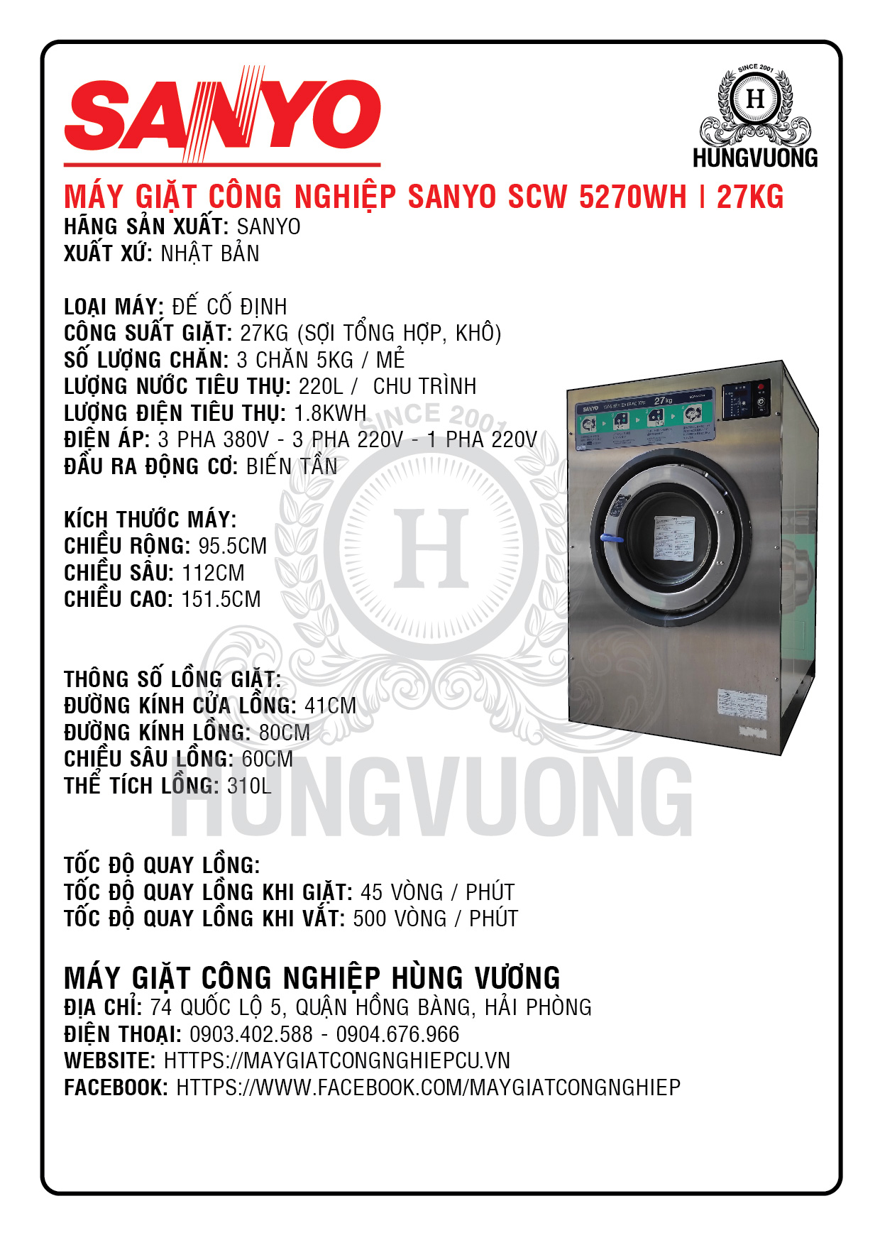 Thông số kỹ thuật máy giặt công nghiệp SANYO SCW5270WH, 27kg, chân cố định, biến tần, Nhật