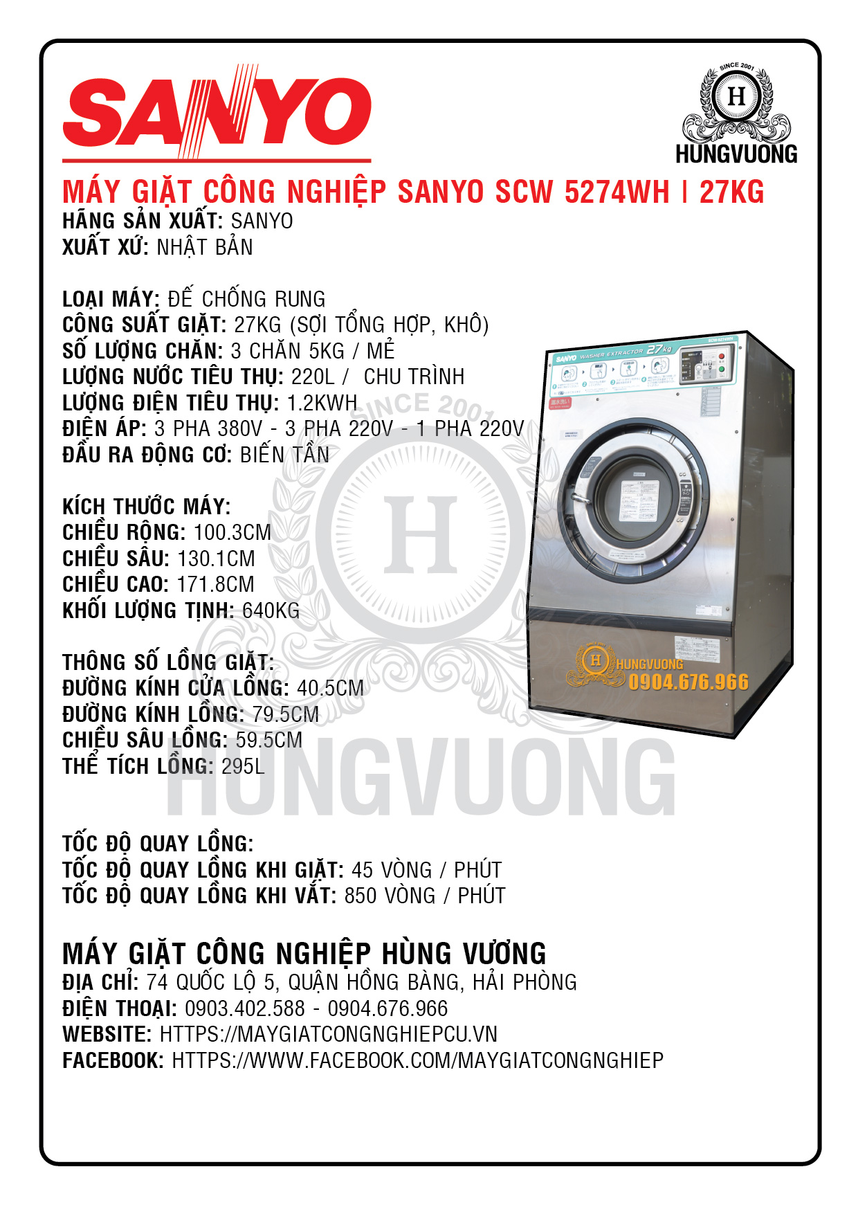 Thông số kỹ thuật máy giặt công nghiệp SANYO SCW 5274WWH, 27kg, chống rung, biến tần, Nhật Bản