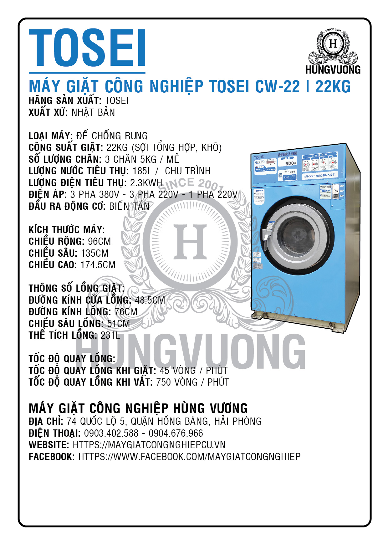 Thông số kỹ thuật máy giặt công nghiệp TOSEI CW-22, 22kg, chống rung, biến tần, Nhật