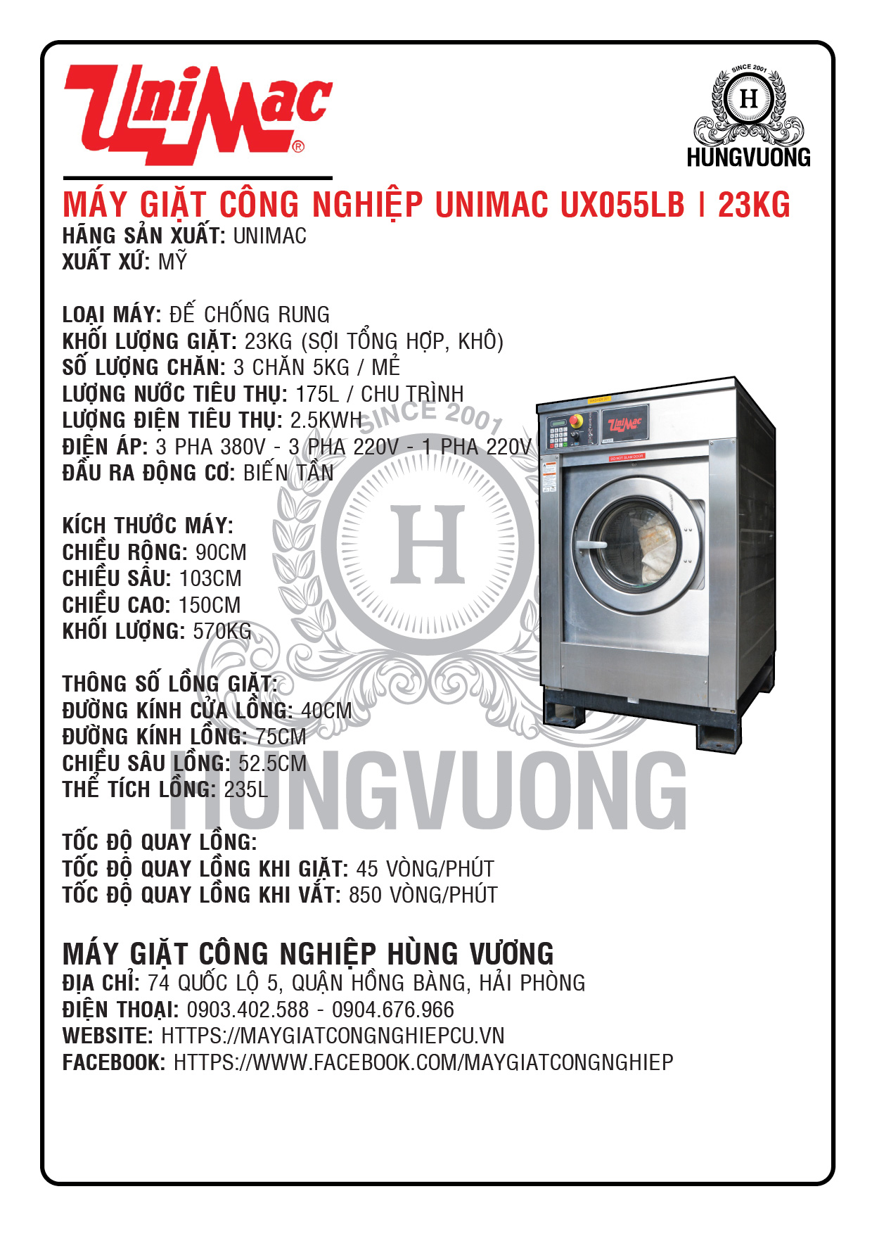 Thông số kỹ thuật máy giặt công nghiệp UNIMAC UX055LB, 23kg, chân chống rung, biến tần, Mỹ