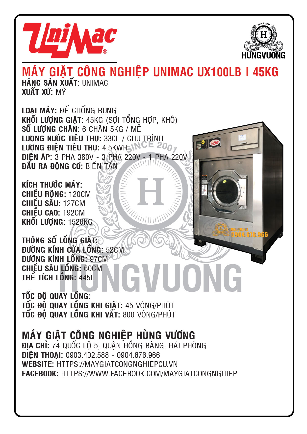 Thông số kỹ thuật máy giặt công nghiệp UNIMAC UX100, 45kg, chân chống rung, biến tần, Mỹ