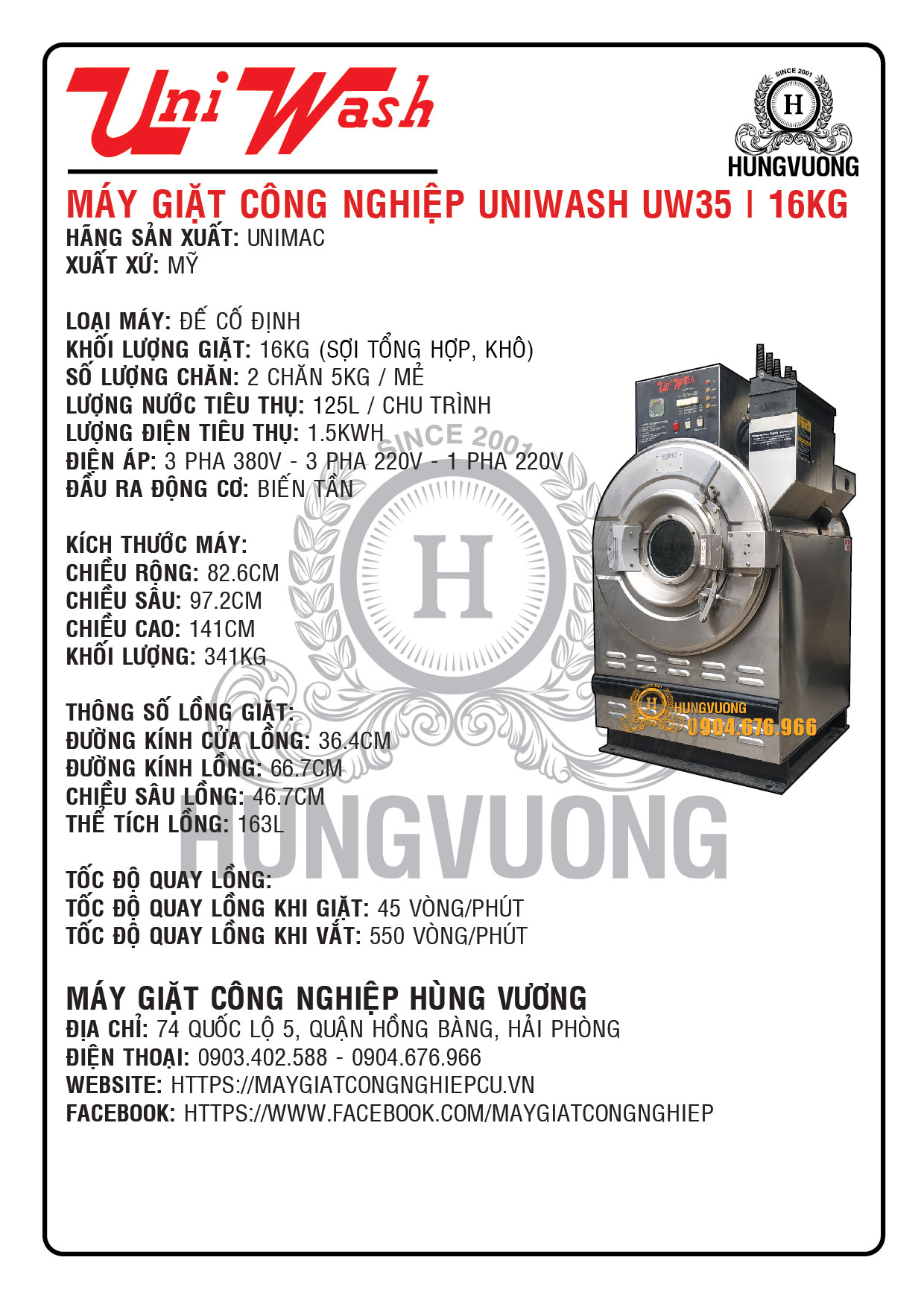 Thông số kỹ thuật máy giặt công nghiệp UNIWASH UW35, 16kg, chân cố định, biến tần, Mỹ