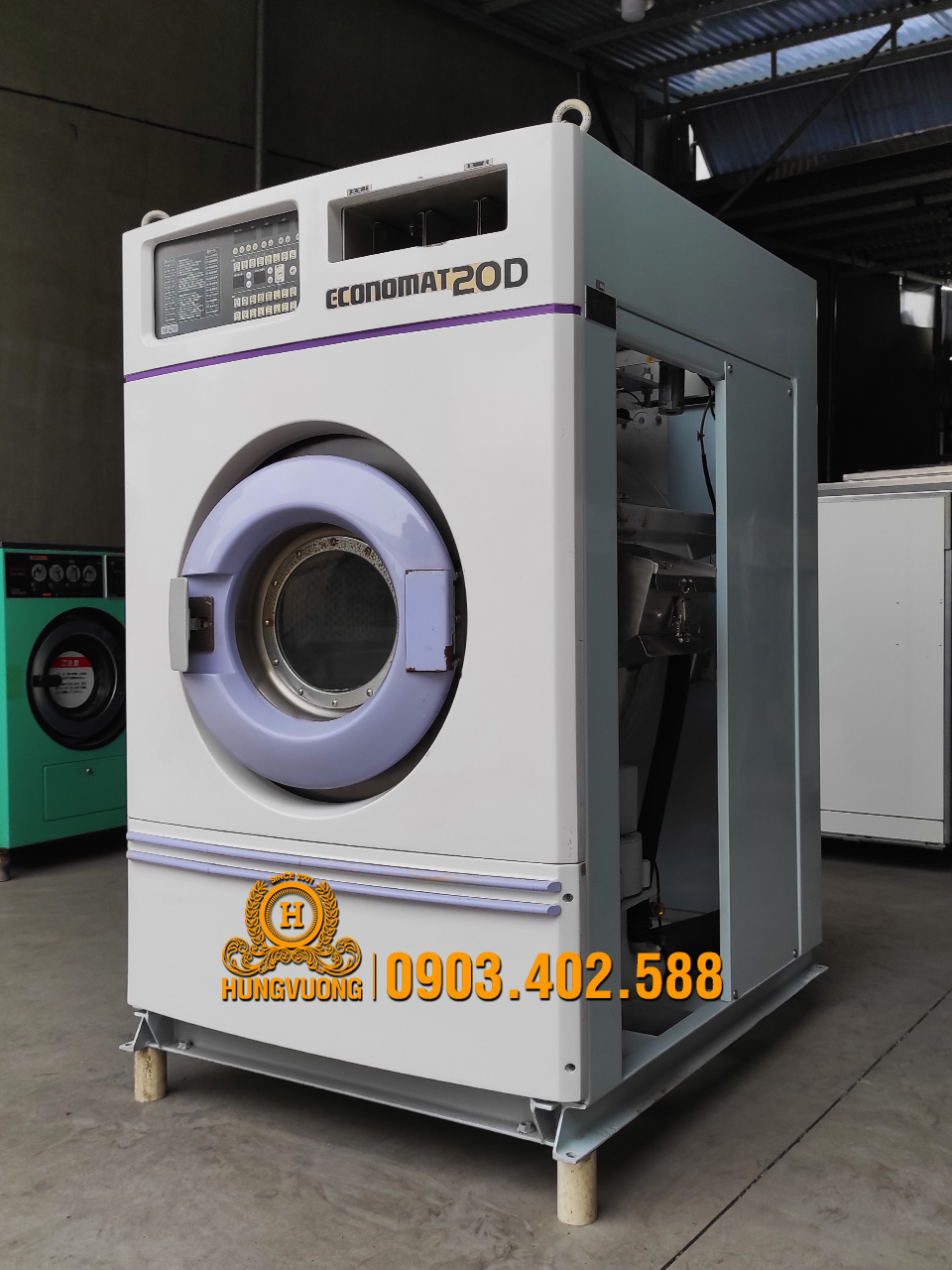 Mặt bên máy giặt công nghiệp ASAHI ECONOMAT 20D, 20kg, chân chống rung, biến tần, Nhật