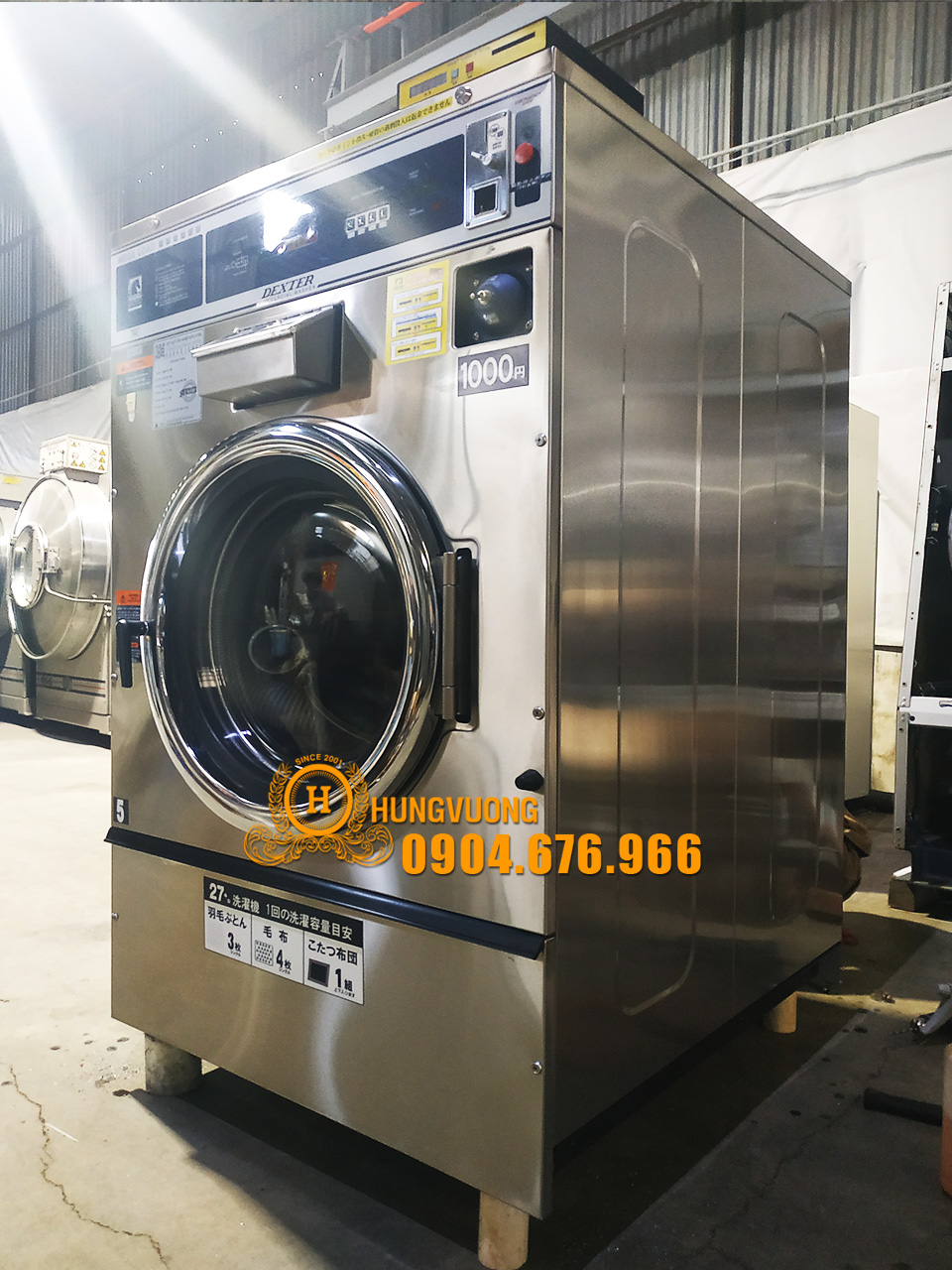 Mặt bên máy giặt công nghiệp DEXTER T-900 27kg, chân cố định, biến tần, Mỹ