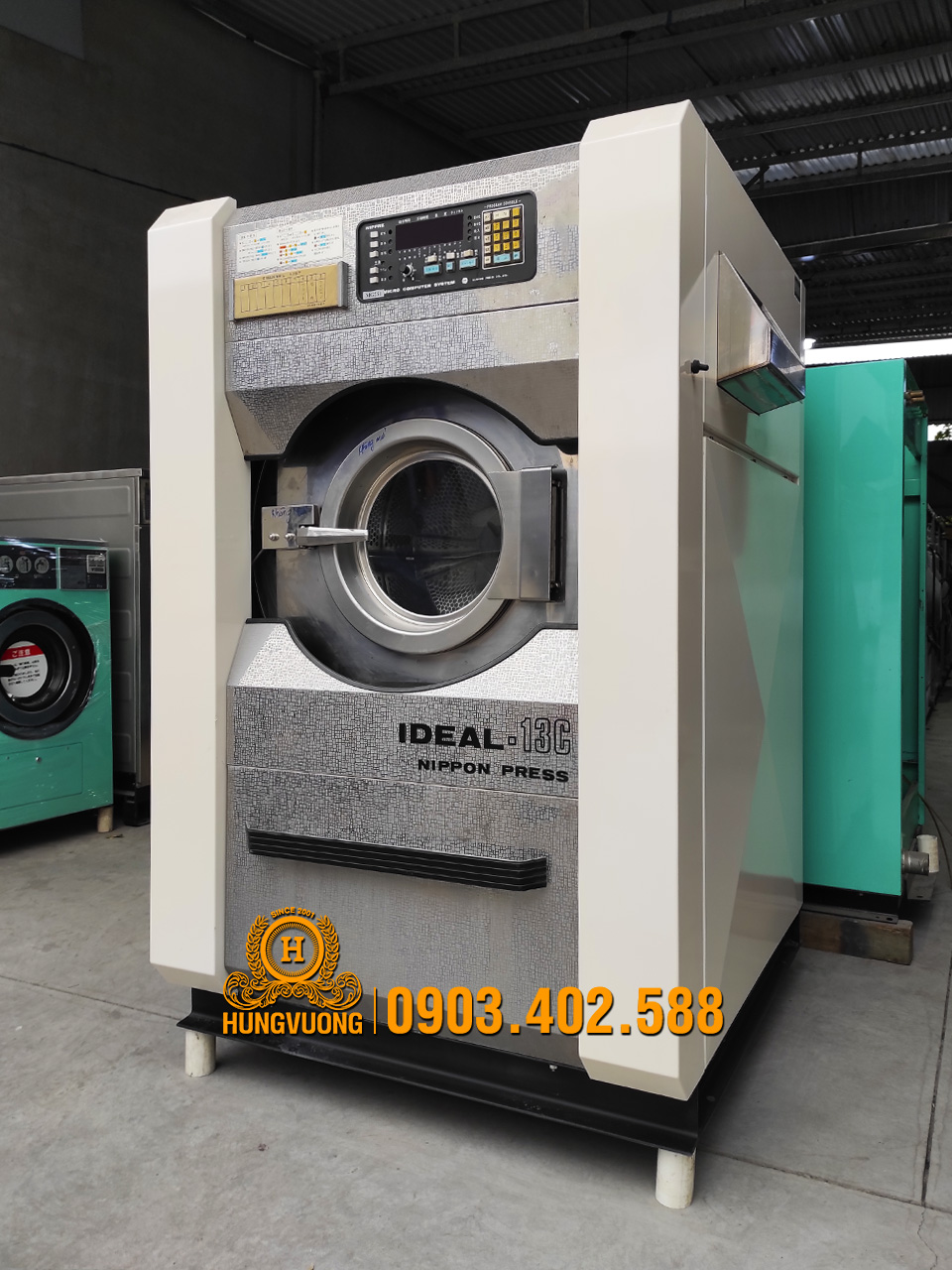 Mặt nghiêng  máy giặt công nghiệp NIPPON PRESS IDEAL-13C, 13kg, chân chống rung, biến tần, Nhật Bản