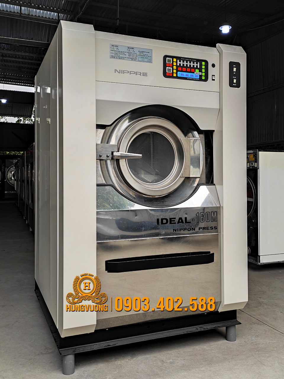 Mặt nghiêng máy giặt công nghiệp NIPPON PRESS IDEAL-160M, 16kg, chân chống rung, biến tần, Nhật Bản
