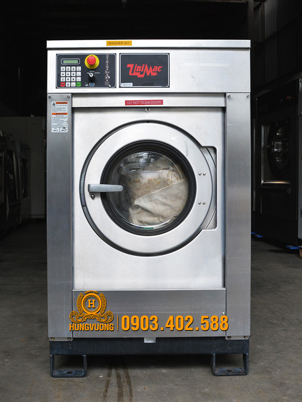 Mặt trước máy giặt công nghiệp UNIMAC UX055LB, 23kg, chân chống rung, biến tần, Mỹ