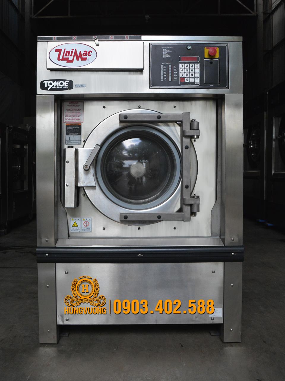Mặt trước máy giặt công nghiệp UNIMAC UX50, 23kg, chân chống rung, biến tần, Mỹ