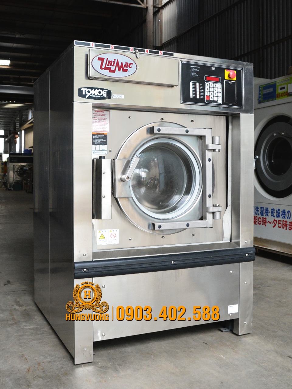 Mặt nghiêng máy giặt công nghiệp UNIMAC UX50, 23kg, chân chống rung, biến tần, Mỹ