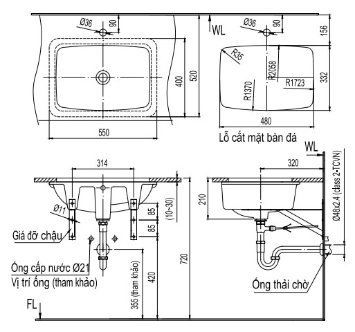 Bản vẽ chậu rửa inax âm bàn L-2298V