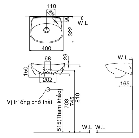 bản vẽ chậu rửa inax treo tường l-280v