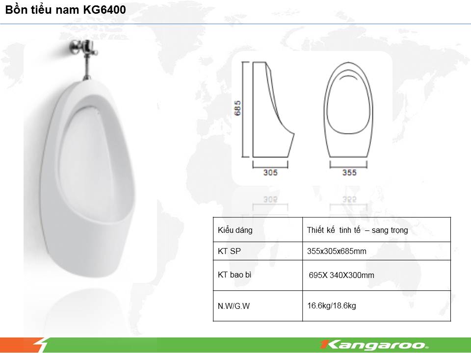 kích thước bồn tiểu nam Kangaroo treo tường kg6400