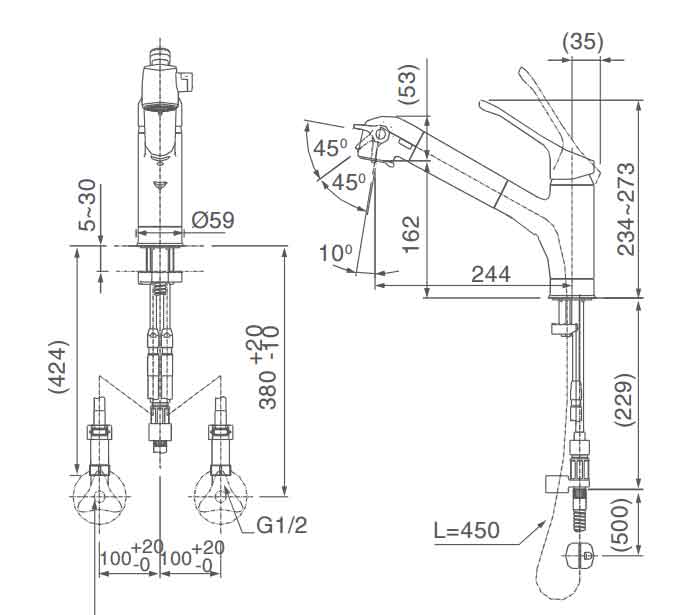 bản vẽ Vòi chậu rửa bát inax JF-AB461SYX