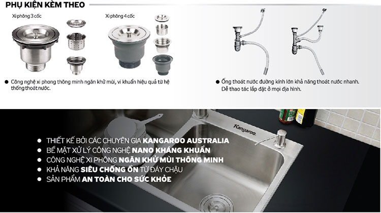 phụ kiện chậu rửa bát inox kangaroo kháng khuẩn-kg8143