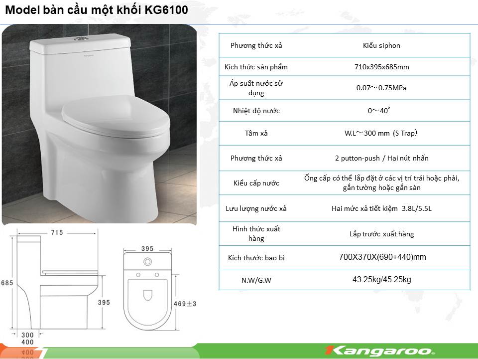 thông số kỹ thuật bàn cầu kangaroo 1 khối kg6100