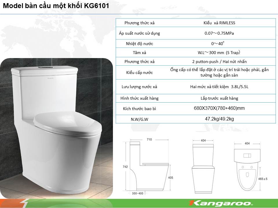 thông số kỹ thuật bàn cầu kangaroo 1 khối kg6101