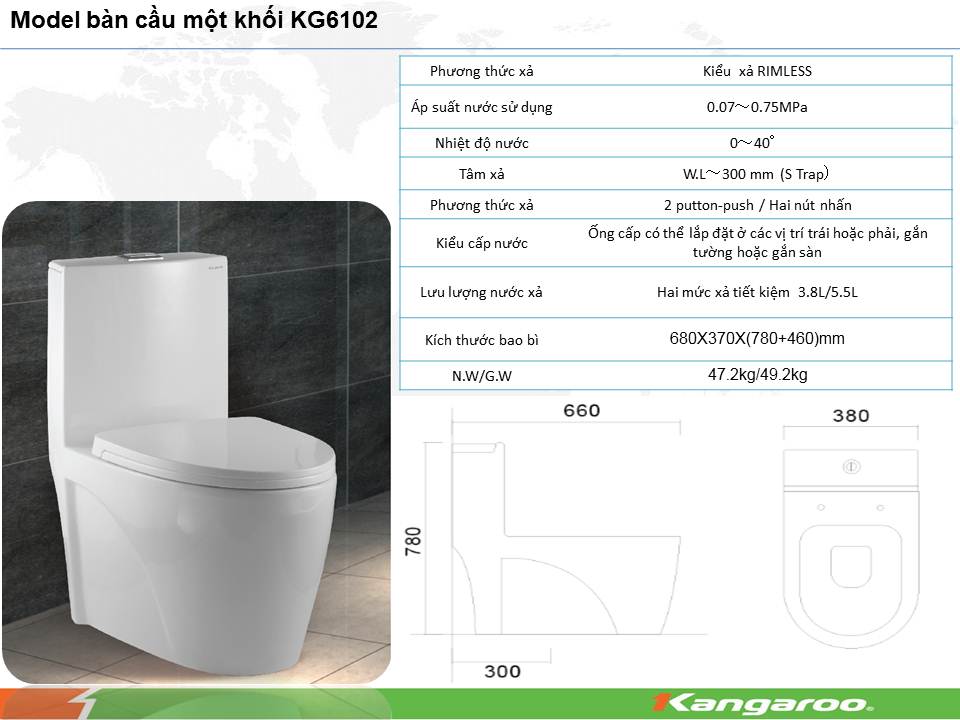 thông số kỹ thuật bàn cầu kangaroo 1 khối kg6102