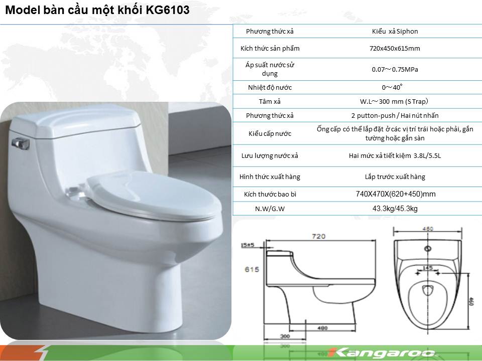 thông số kỹ thuật bàn cầu kangaroo 1 khối kg6103
