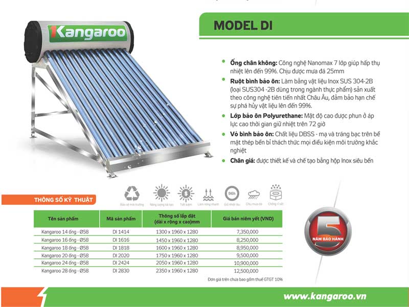 Thông số Máy nước nóng năng lượng mặt trời Kangaroo DI2424