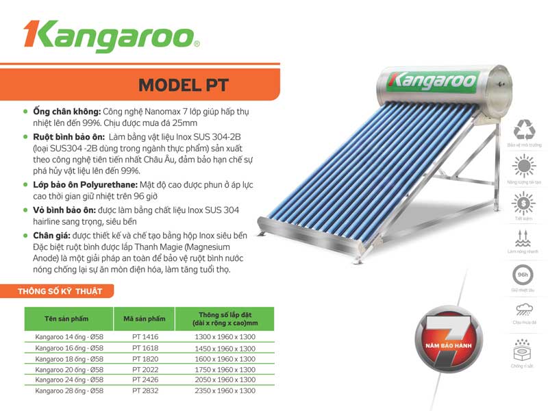 Thông số Máy nước nóng năng lượng mặt trời Kangaroo PT1416
