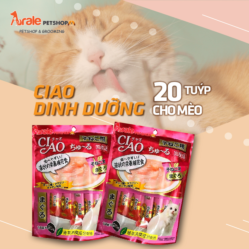 🐙#CIAO_DINH_DƯỠNG_CHO_MÈO_20_TUÝP ⚡Quy cách đóng gói 20 tuýp, giá cả hạt dẻ ⚡Dạng sốt mềm mèo dễ ăn và dễ dàng hấp thụ chất dinh dưỡng, bổ sung vitamin, lượng nước cho mèo 👉Giá: 160.000 VND